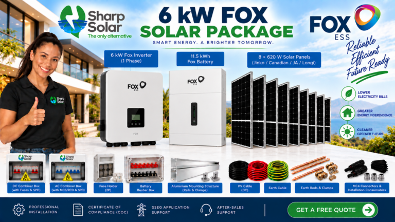 6 kW Fox Package 6 kW Fox inverter, 11.5 kWh Fox battery, and 8 × 620 W solar panels (3)