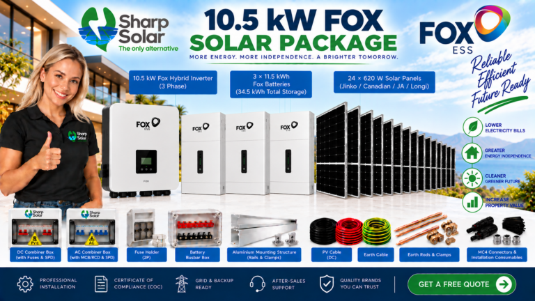 Fox-solar-package-combines-a-10.5-kW-Fox-Hybrid-Inverter-3-×-11.5-kWh-Fox-Lithium-Batteries-providing-34.5-kWh-of-total-battery-storage-and-24-×-620-W-solar-panels.